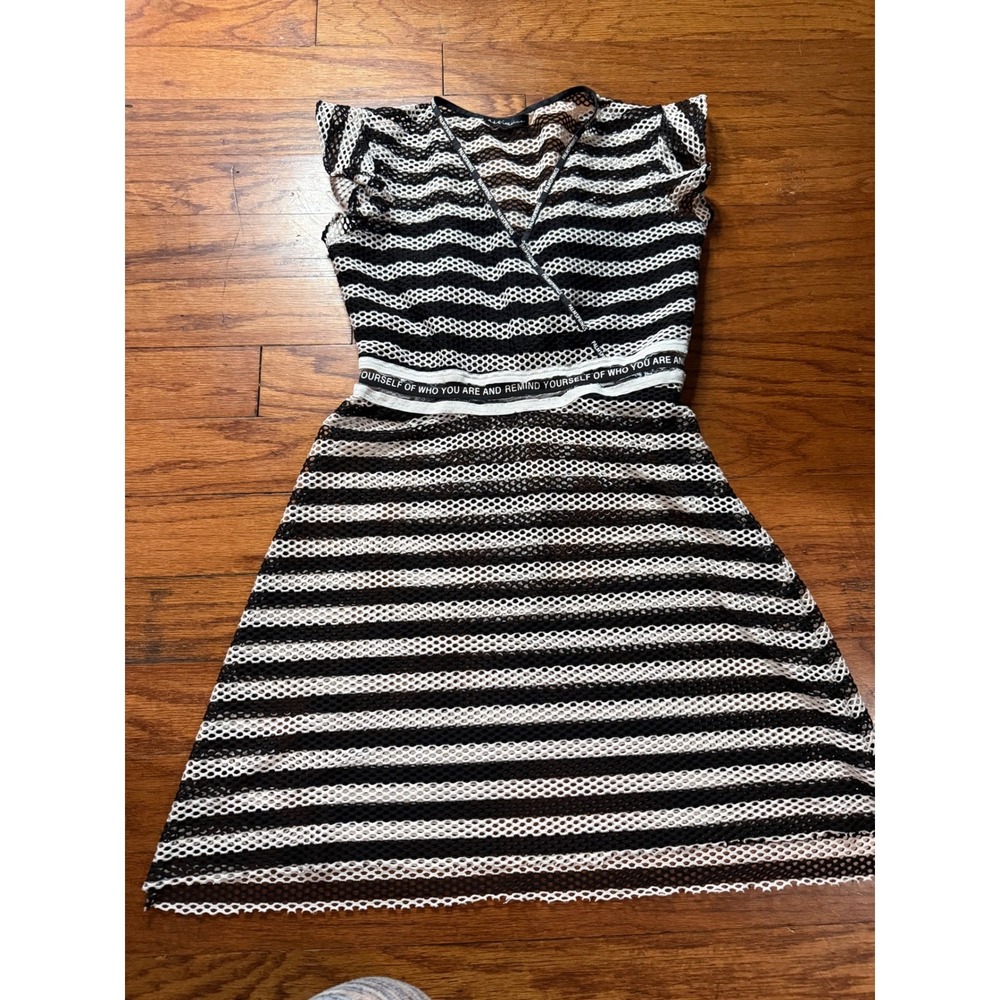 A.L.C. Black White Striped Mesh Mini Dress V-Neck Graphic Waistband Sleeveless